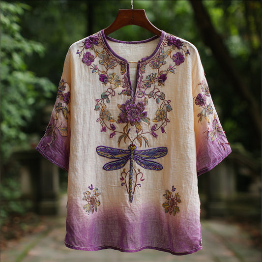 Dragonfly Pattern Embroidered Flower V-neck Short-sleeved Shirt artswardrobe