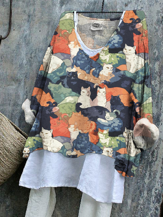 Japanese Art Cat Print V-Neck Loose Top elevenforest