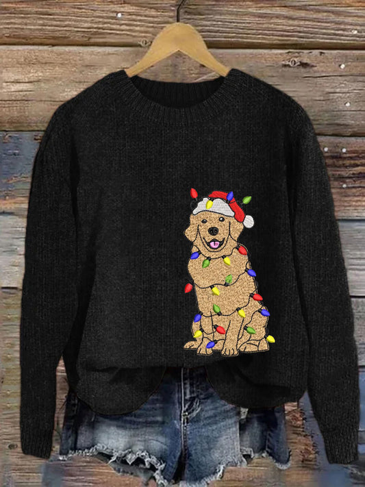 Comstylish Women's Christmas Golden Retriever Embroidery Print Sweater