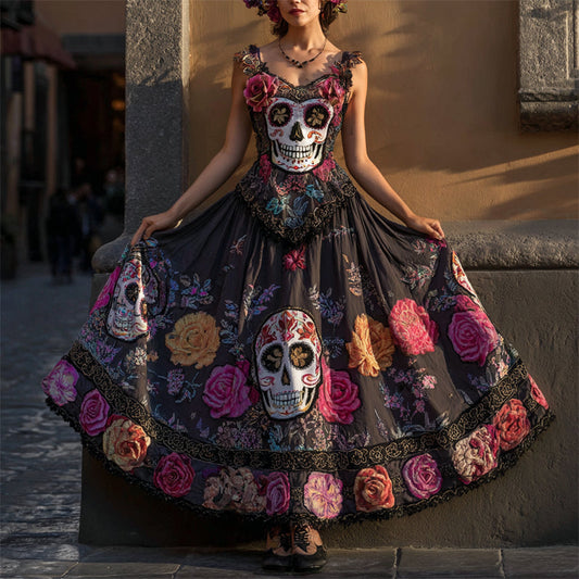 Comstylish Day Of The Dead Sugar Skulls & Roses Linen Maxi Dress