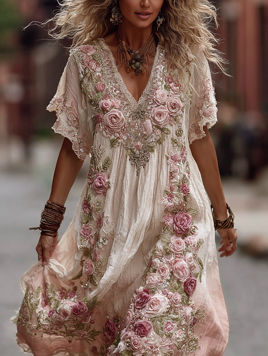 Women's Vintage Rose Embroidery Gradient Pink Art Comfy Linen Maxi Dress artswardrobe