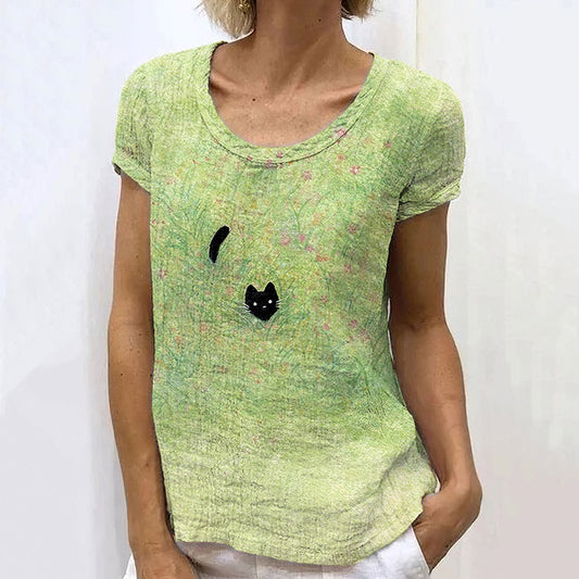 Women'S Black Cat Short Sleeve Casual Shirt elevenforest