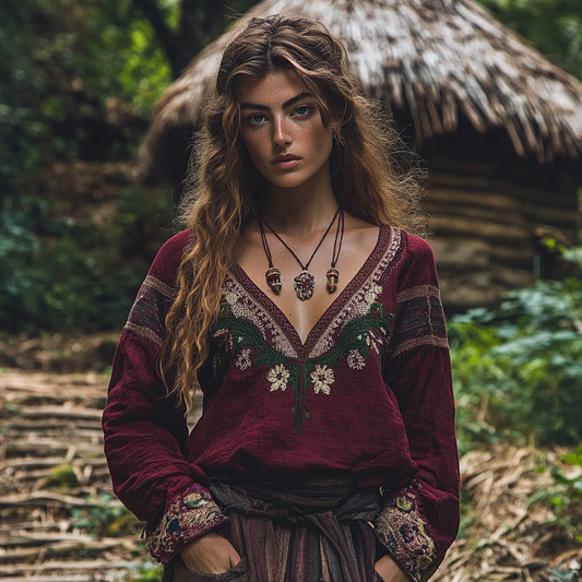 Retro Bohemian Tribal Art Embroidery Print Cotton And Linen V-neck Loose Shirt artswardrobe