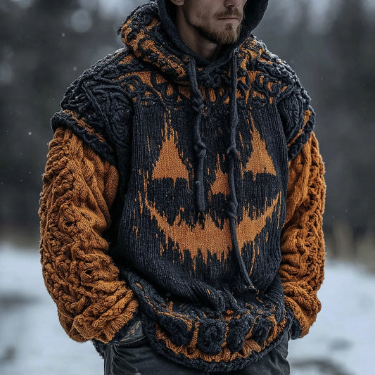 Men's Vintage Halloween Pumpkin Face Contrast Knit Hooded Sweater artswardrobe