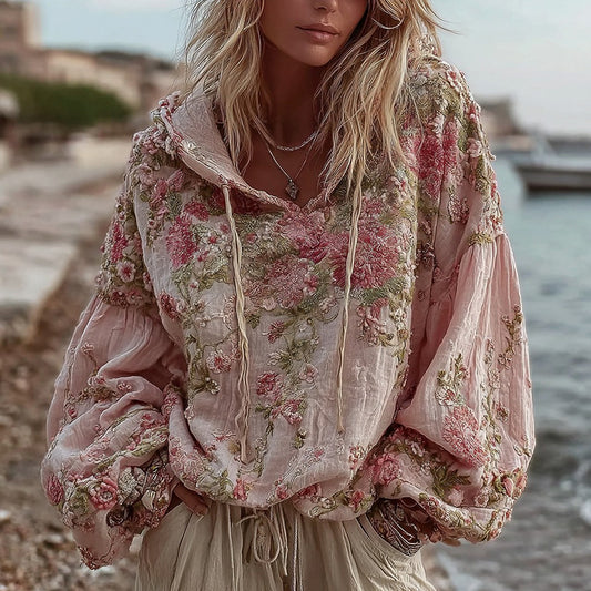 Comstylish Women's Vintage Floral Embroidery Warm Hoodie