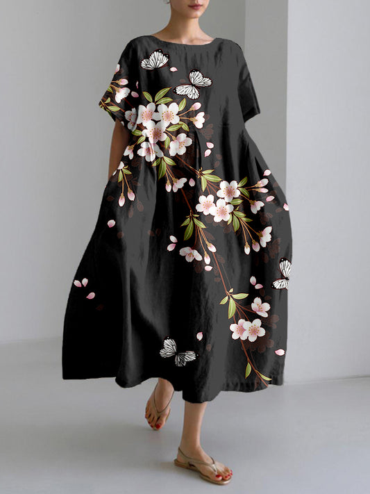 Comstylish Vintage Cherry Blossom & Butterfly Art Linen Blend Maxi Dress