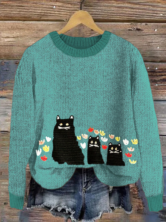 Flower & Cat Women's Knit Sweater elevenforest