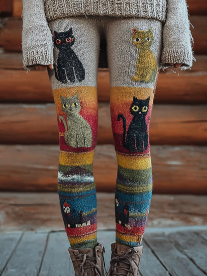 Comstylish Christmas Fun Cat Knitting Tight-fitting Leggings