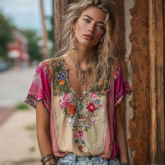 Comstylish Women's Bohemian Floral Embroidery Art V-neck Contrast Color Linen Blend T-shirt