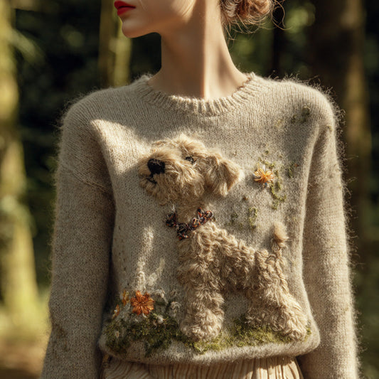Women's Vintage Mohair Dog Embroidered Sweater elevenforest
