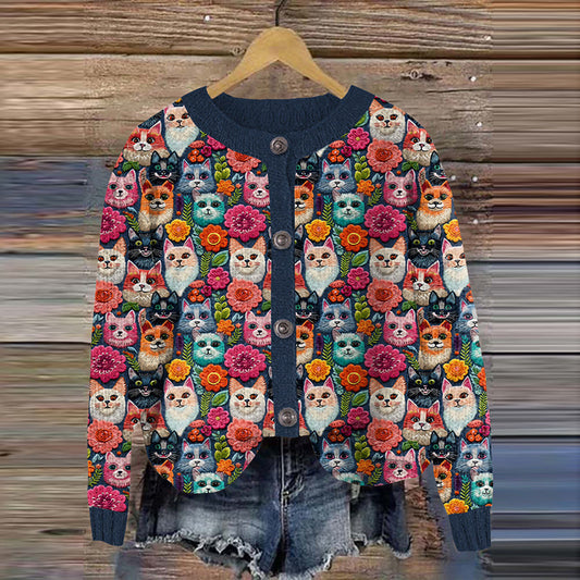 Cute Cats Floral Embroidered Crew Neck Cozy Cardigan elevenforest