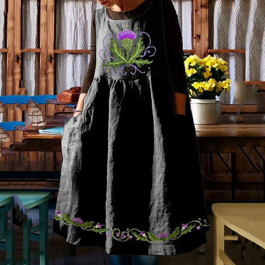 Scottish Thistle Embroidered Sleeveless Linen Blend Midi Dress artswardrobe