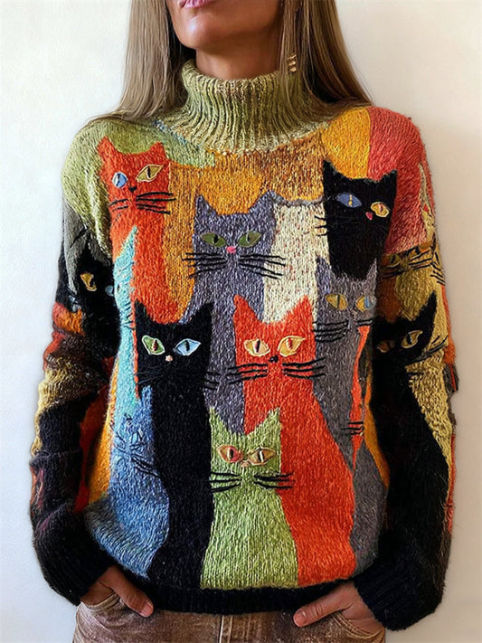 Vintage Crowded Cats Colorblock Turtleneck Cozy Sweater elevenforest