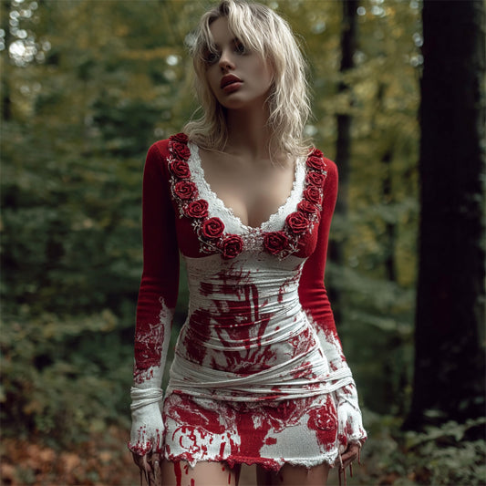 Comstylish Halloween Bloodstain & Rose Bandage Art Women's Knit V-neck Mini Dress
