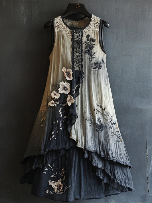 Classy Floral Embroidered Lace Ink Dyed Linen Dress artswardrobe