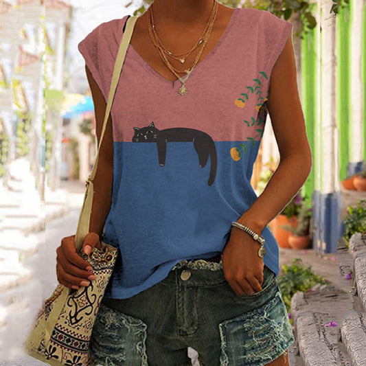 Comstylish Abstract Creative Lazy Black Cat Art Painting Art Tank Top