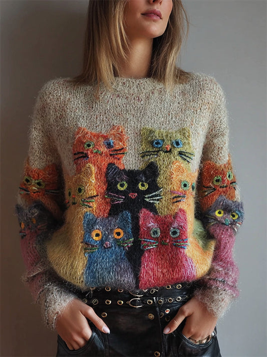 Vintage Colorful Crowded Cats Fuzzy Cozy Knit Sweater elevenforest