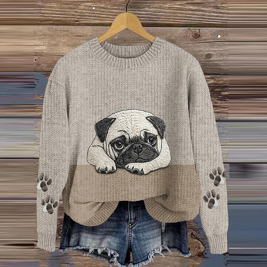 Comstylish Cute Dog Embroidered Knit Sweater