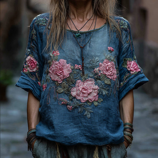 Comstylish Women's Pink Flower Blue Tie-dye Short-sleeved Shirt