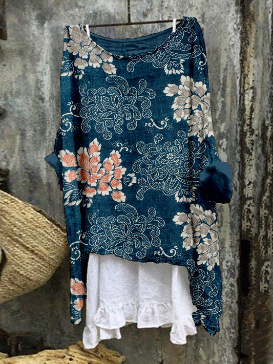 Comstylish Vintage Floral Pattern Linen Blend Flowy Tunic