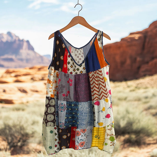 Women's Loose Floral Patchwork Linen Sleeveless Tank Top artswardrobe