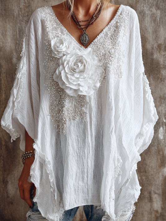Comstylish Retro White Rose With Sparkle Women's V-neck Top