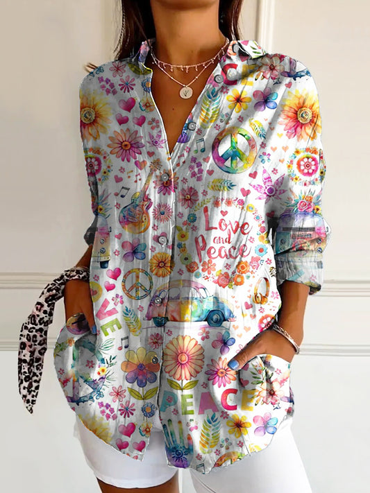 Women's Hippie Peace Love Art Print Casual Cotton Shirt