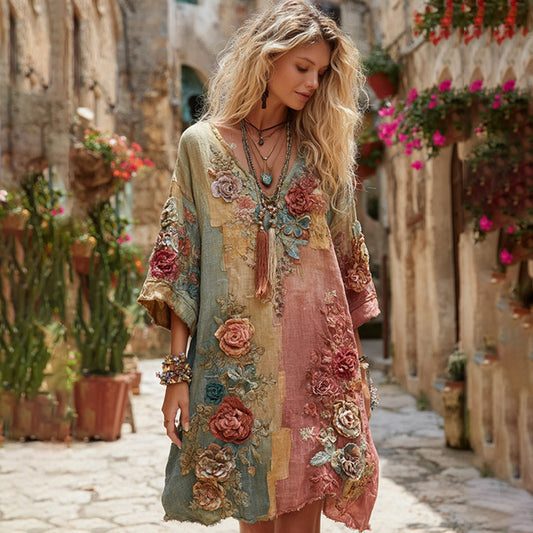 The Ice Cream Collection Women's Classic Bohemian Floral And Rose Gradient Art Linen Long Sleeve Midi Dress artswardrobe