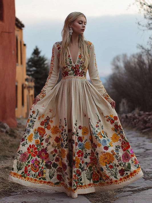Comstylish Mexican Flowers Embroidered V Neck Flowy Linen Maxi Dress