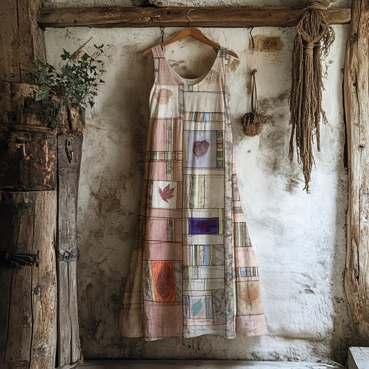 Boho Leaf Patchwork Art Vintage Women's Linen Vest Dress artswardrobe