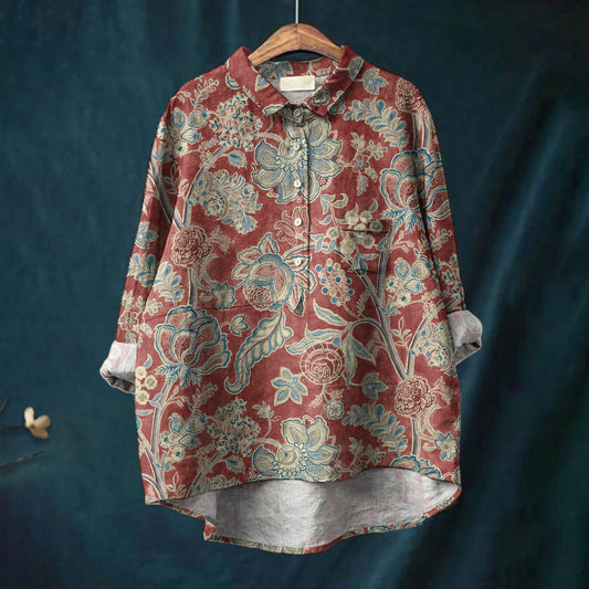 Comstylish Vintage Lovely Ethnic Floral Art Print Casual Cotton And Linen Shirt