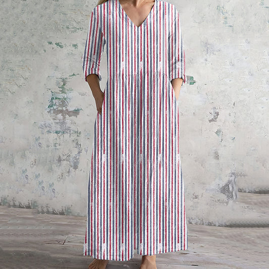 Women's Vintage Blue And Red Striped Independence Day V-neck Linen Blend Maxi Dress artswardrobe