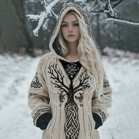Women's Viking Tribal Tree Of Life Celtic Mythology Chunky Knit Hooded Sweater elevenforest