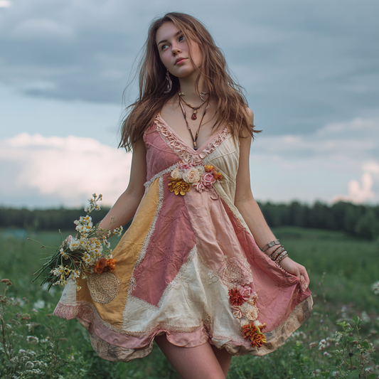 Women's Retro Floral Color Block Sleeveless Short Dress artswardrobe