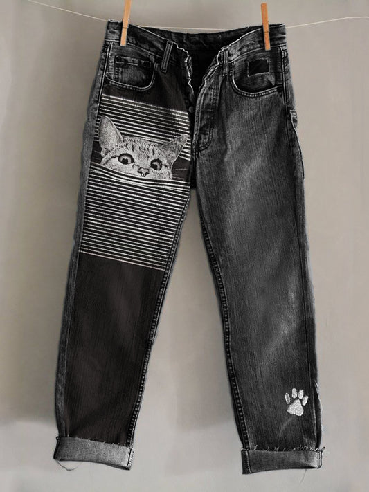 Comstylish Peeking Cat Striped Paw Print Embroidered Washed Jeans