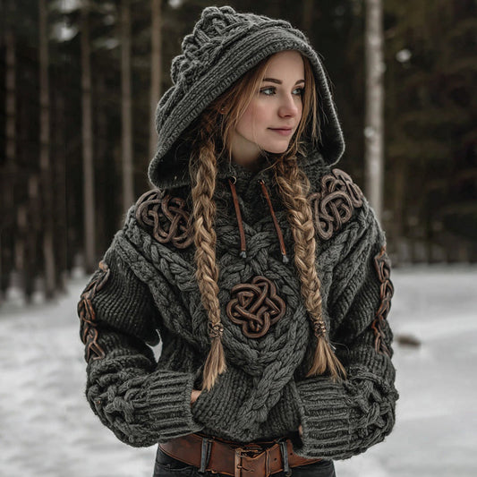 Women's Vintage Celtic Knot Knit Casual Hooded Sweater elevenforest