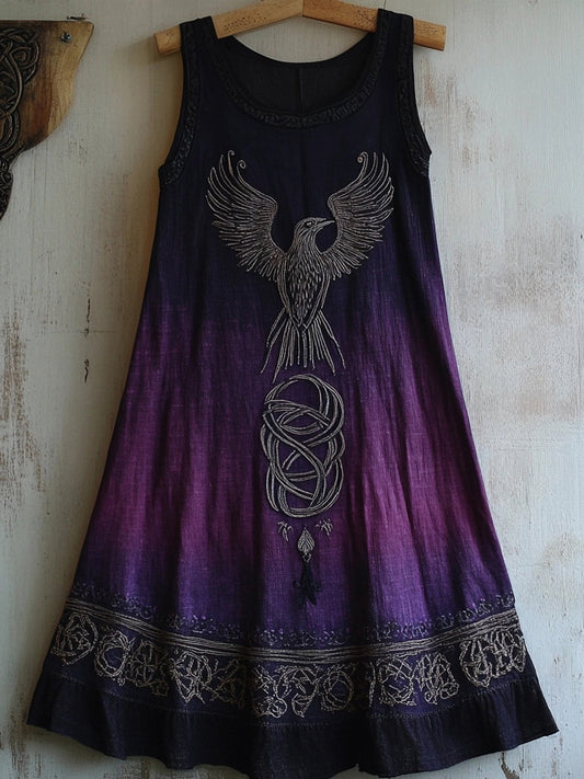 Vintage Celtic Raven Embroidered Purple Gradient Tank Dress artswardrobe