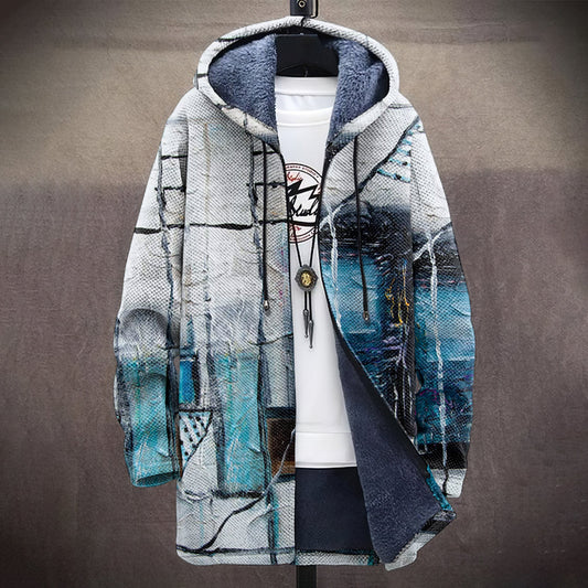 Vintage Blue Oil Painting Abstract Pattern Plush Thick Sweater Coat elevenforest