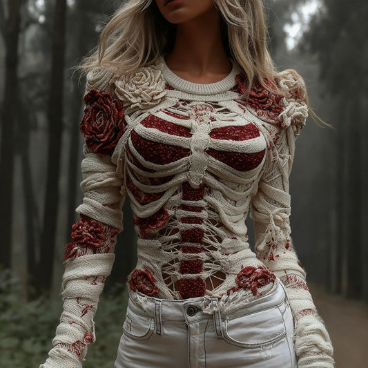 Women's Red Rose Skeleton Art Knit Sweater artswardrobe