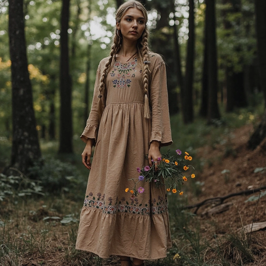 Women's Floral Embroidered Cotton Linen Vintage Dress artswardrobe