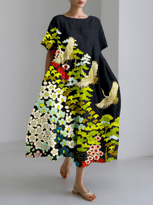 Comstylish Vintage Floral & Cranes Art Linen Blend Midi Dress