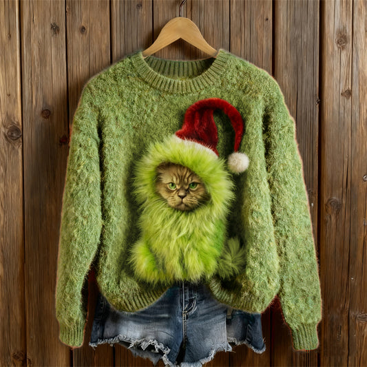 Comstylish Christmas Monster Angry Cat Cozy Knit Sweater