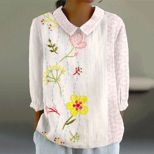 Women's Vintage Flower Art Print Casual Cotton And Linen 3/4 Sleeve Shirt artswardrobe