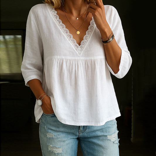 Women's Vintage Lace Cotton And Linen V-neck T-shirt artswardrobe