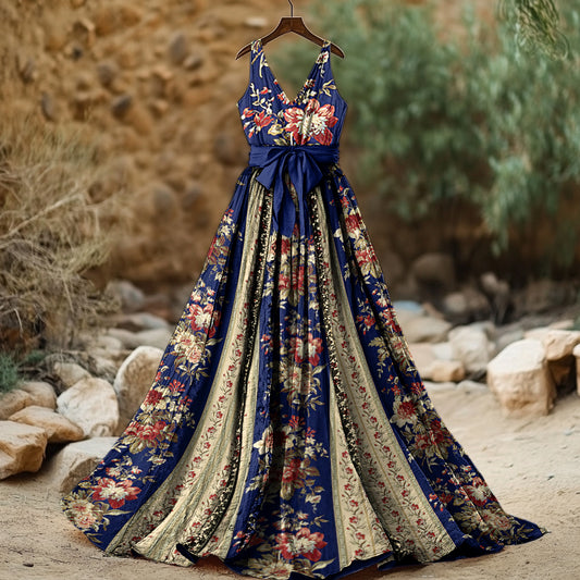 Women's Vintage Floral Patchwork Cotton And Linen Dress artswardrobe