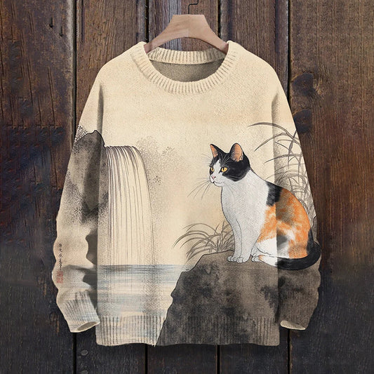 Men's Japanese Landscape Art Cat Print Knit Sweater elevenforest