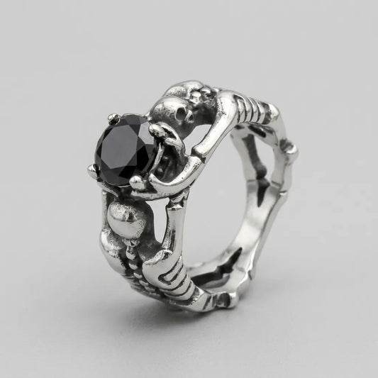 Twin Skeleton Embrace Black Gem Ring