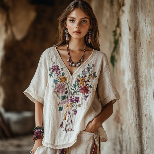 Women's Floral Embroidery V Neck Casual Linen Top artswardrobe