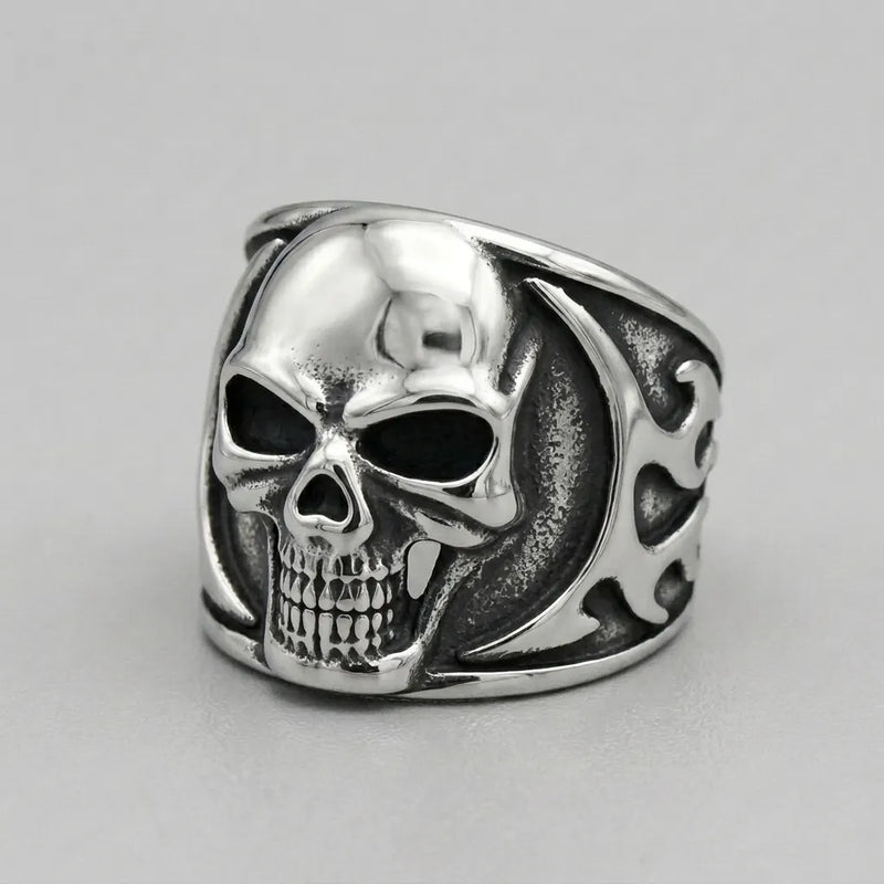 Fanged Skull Tribal Flame Wide Band Ring