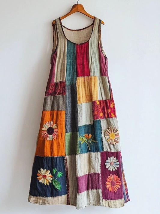 Vintage Floral Embroidered Patchwork Linen Blend Dress artswardrobe